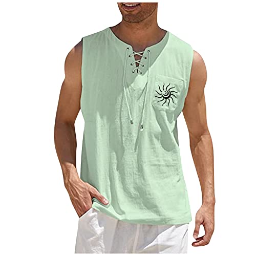 Azruma Longsleeve Herren Sommer Einfarbig Baumwolle Leinen Strand Ärmelloses Hemd Mit Schnürung Und Brusttasche Rüschenhemd Herren Sommerhemden Hemden Stehkragen White Shirt Men (Grün-2,M) von Azruma