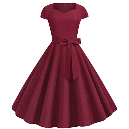 Azruma Sexy Kleid Damen Kleid Langarm Damen Kleid MäDchen Damen Sommer Einfarbig Retro Rockabilly Sweetheart_Neck Kurzarm Kurz Kleider Mit GüRtel Abendkleider Lang Mit äRmeln (Wein, M) von Azruma