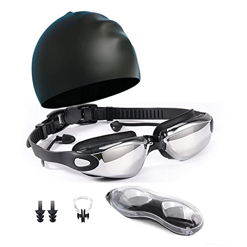 Azusumi Schwimmkappen-Brillen-Set, Galvanisiertes UV-Schutz-Schwimmzubehör mit Ohrstöpseln, Nasenclip-Schutzhülle von Azusumi