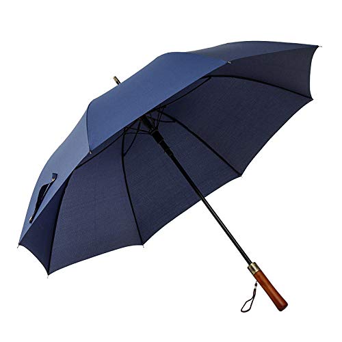 B/H Automatik Regenschirm Sturmfest,Gerader Regenschirm mit langem Griff, Retro-Gentleman-Geschäft, extra großer Griff aus massivem Holz - blau von B/H