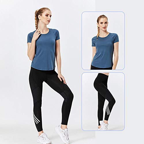 B/H Fitnessanzug Fitness Yoga Sportkleidung,Yoga-Anzug für Damen, Fitness-T-Shirt + Hose, Soft-Blue_Black_2pcs_L von B/H