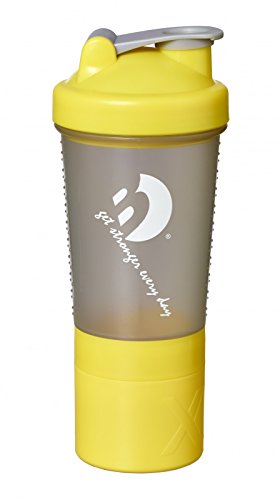 Best Sporting Protein Shaker Trinkflasche mit Sieb, 500ml, 2 Fächer für Proteinpulver oder Pillen, BPA Frei, Farbe: gelb/grau von B Best Sporting