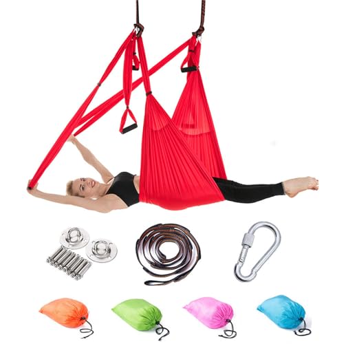 Yogatuch Zum Aufhängen Yoga Hängematte Set Aerial Hängematten Hammock Swing Therapieschaukel Schaukeltuch Yogagurt Hängetuch Inversion (Groß Rot) von BABANI