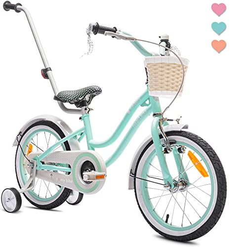 Heart Bike Mädchenfahrrad, 12/14/16 Zoll Radgröße zur Auswahl, mit Abnehmbarer Schubstange, Kinderfahrrad für Mädchen von 2 bis 6 Jahre (Mintgrün/Schwarz, 16 Zoll) von sun baby