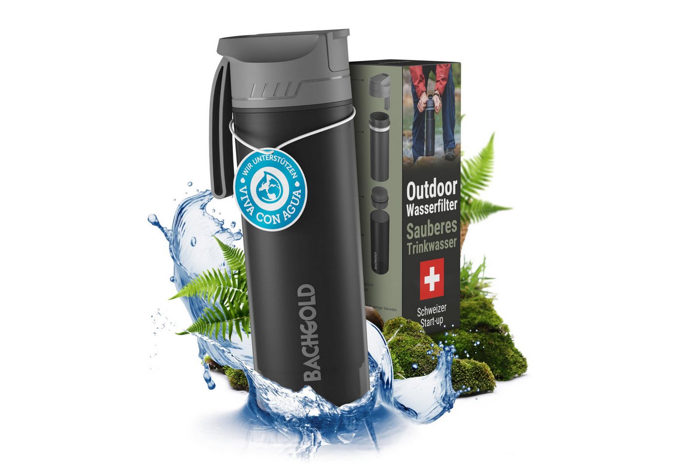 BACHGOLD Trinkflasche Profi Outdoor Wasserfilter Flasche mit 1500L Filterkapazität, Entfernt 99,99 % Bakterien & filtert Viren, Partikel & Schwermetalle von BACHGOLD