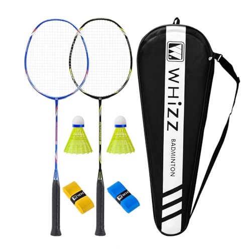 WHiZZ Sports Badmintonschläger Set, 100% Kohlenstoff Schaft Badminton Schläger 2 STK mit Federbälle, Griffbänder, und Tasche, S8 Schwarz+Blau von BAIHUALIN