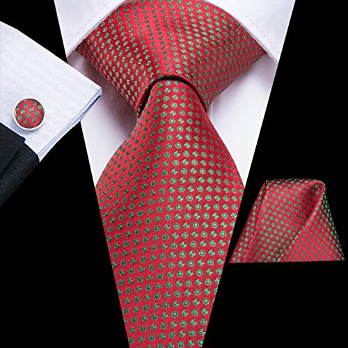 BAJIE Herren Krawatte Weihnachtskrawatten für Männer Rot Grün Karierte Krawatte Krawatte Einstecktuch Manschettenknöpfe Set Herren Seidenkrawatten von BAJIE