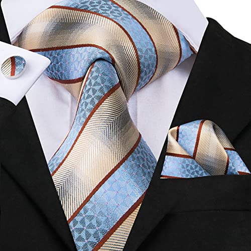 BAJIE Herrenkrawatte Herren Seidenkrawatte Blaues Krawattenset 8,5 cm Gestreifte Gelbe Krawatte Einstecktuch Manschettenknöpfe Formale Krawatte Hochzeitsset von BAJIE