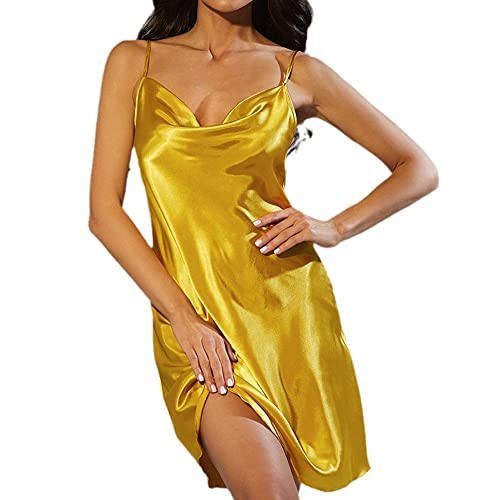 BANLUX Damen Nachthemd - Damen Satin Nachthemd Sexy Pyjama Damen Seidenträger Nachthemd Schlafkleid Seide V-Ausschnitt Nachtwäsche Einfarbige Nachtwäsche,Gelb,S von BANLUX