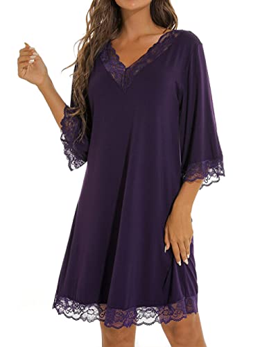 BANLUX Damen Nachthemd - Solide V-Ausschnitt Halbarm Nachthemd Damen Nachthemden Sexy Spitze Patchwork Baumwolle Nachtwäsche Damen Nachtwäsche Lässig Schlafkleid,Stil B,S von BANLUX
