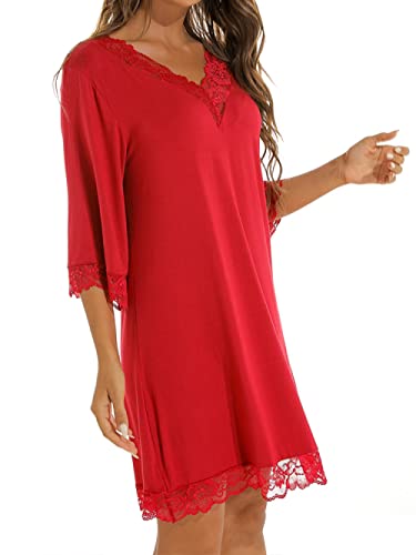 BANLUX Damen Nachthemd - Solide V-Ausschnitt Halbarm Nachthemd Damen Nachthemden Sexy Spitze Patchwork Baumwolle Nachtwäsche Damen Nachtwäsche Lässiges Schlafkleid, Stil C, XL von BANLUX