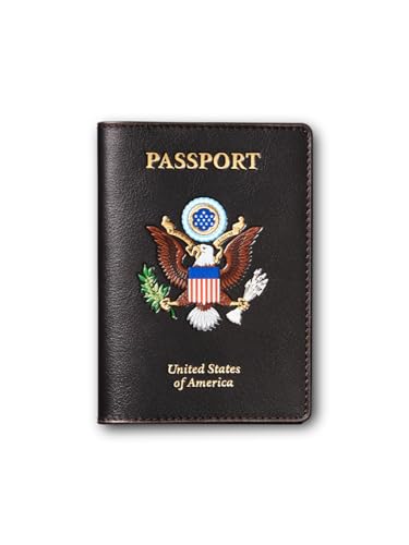 Außergewöhnliche Reisepasshülle im amerikanischen Stil aus natürlichem Leder mit dem Bild "Größer des Wappens der Vereinigten Staaten von Amerika", brauner Reisepasshalter, Reisezubehör, Braun, von BANNIKOV