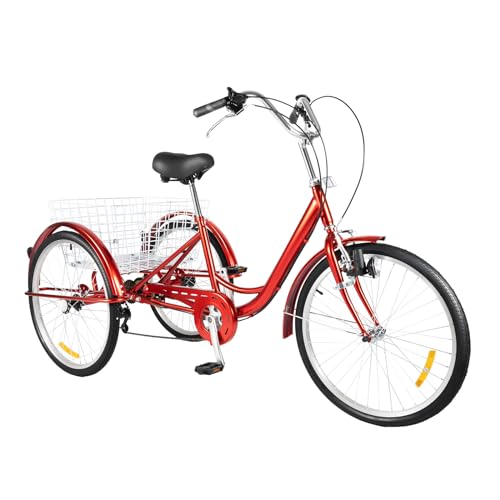 BAOCHADA 24 Zoll Dreirad, 6 Gang 3 Räder Fahrrad für Erwachsene, Carbon Stahl Erwachsene Dreirad mit Einkaufskorb&Lampe, Höhenverstellbar 3 Rad Erwachsene Fahrräder für ältere Menschen, Rot von BAOCHADA