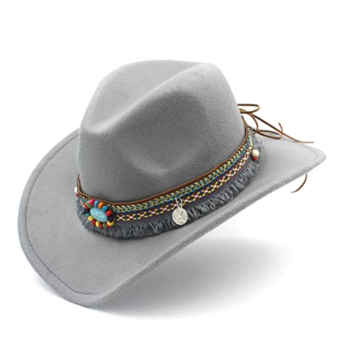 BAOZENGMUY Cowboyhüte Hohl Western Cowboyhut Quaste Gürtel Jazz Cowgirl Sombrero Cap Größe 52-54Cm 60-61Cmbigsize Grau von BAOZENGMUY