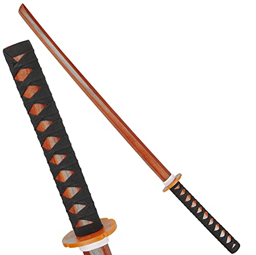 BAY-Sports Katana mit GEWICKELTEM Griff schwarz/rot Bokken Attrappe Training Samuraischwert Schwert Samurai Eiche 100 cm Trainingsschwert veredelt von BAY-Sports