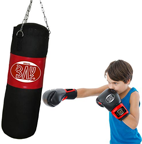 BAY® Boxset für Kinder 9 Kilo gefüllt, Box-Set Sandsack Boxsack + Boxhandschuhe, Kids Junior Teens, schwarz/rot, fertig + Stahlkette, 80x25 cm von BAY
