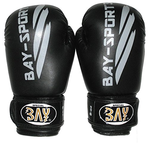 BAY Black Or Black Boxhandschuhe schwarz grau black 8, 10, 12 Unzen OZ UZ Leder PU für Boxen, Kickboxen, MMA, Muay Thai, Thaiboxen, Pointfighting von BAY