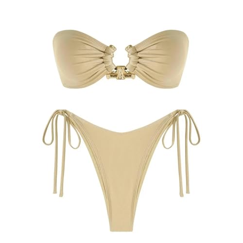 BAYAJIAZ Bikini Badeanzug Für Frauen Krawatte Side Shiny Metal Hardware Ring Bandeau Bikini Badebekleidung Gepolstert BH Top Low Tailled-Leichter Kaffee-m von BAYAJIAZ