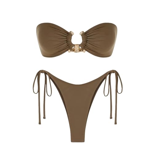 BAYAJIAZ Bikini Badeanzug Für Frauen Krawatte Side Shiny Metal Hardware Ring Bandeau Bikini Badebekleidung Gepolstert BH Top Low Tailled-tiefer Kaffee-m von BAYAJIAZ