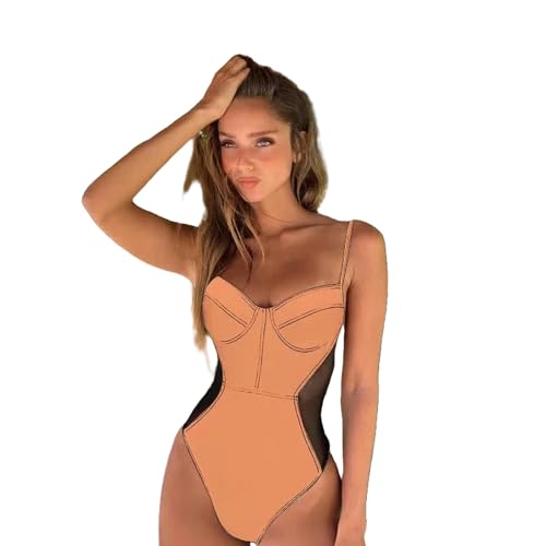 BAYAJIAZ Bikini Frauen Bodysuit Bademode Badeanzug One Piece Mesh Patchwork Schwimmen Badeanzug-gelb-XL von BAYAJIAZ