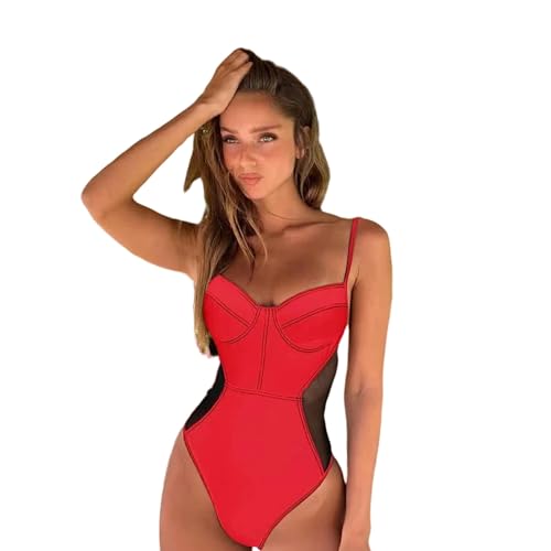 BAYAJIAZ Bikini Frauen Bodysuit Bademode Badeanzug One Piece Mesh Patchwork Schwimmen Badeanzug-rot-XL von BAYAJIAZ