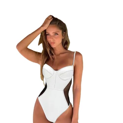 BAYAJIAZ Bikini Frauen Bodysuit Bademode Badeanzug One Piece Mesh Patchwork Schwimmen Badeanzug-weiß-XL von BAYAJIAZ
