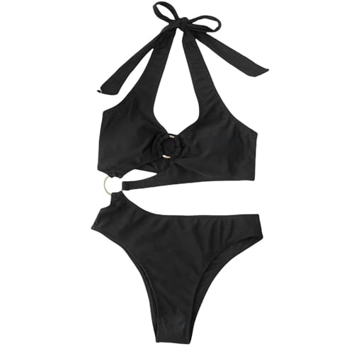 BAYAJIAZ Bikini Halter Asymmetrische One Shoulder One Piece Badeanzug Frauen Bademode Weibliche Badehose-schwarz-s von BAYAJIAZ