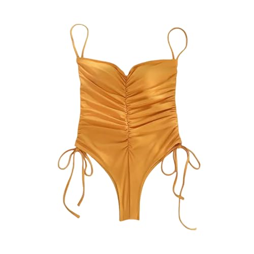BAYAJIAZ Bikini Hohe Taille Bademode Frauen Einteiliger Badeanzug V-Ausschnitt Push Up Badeanzug Halter Kordelzug Bikinis-Gold-l von BAYAJIAZ