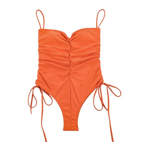 BAYAJIAZ Bikini Hohe Taille Bademode Frauen Einteiliger Badeanzug V-Ausschnitt Push Up Badeanzug Halter Kordelzug Bikinis-orange-l von BAYAJIAZ