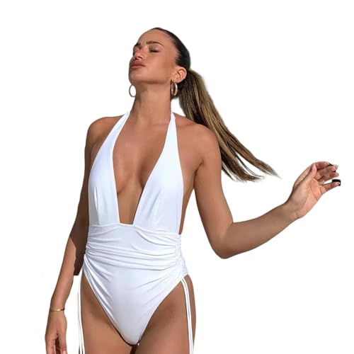 BAYAJIAZ Bikini Hohe Taille Bademode Frauen Einteiliger Badeanzug V-Ausschnitt Push Up Badeanzug Halter Kordelzug Bikinis-weiß-m von BAYAJIAZ