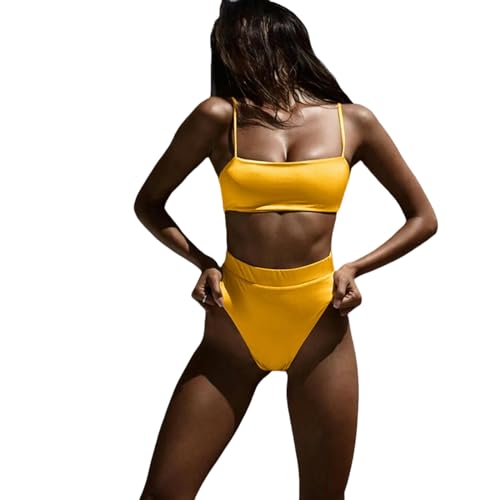 BAYAJIAZ Bikini Hohe Taille Bauchkontrolle Zweiteilige Badeanzug Frauen Bikini Set Badebekleidung Mujer Tankini Set-gelb-XL von BAYAJIAZ