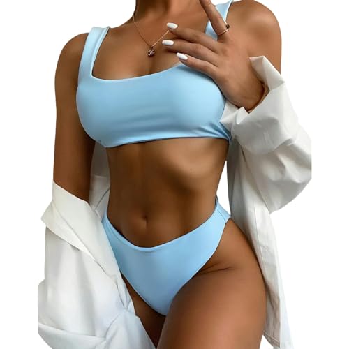 BAYAJIAZ Bikini Mode Frauen Hohe Taille Reine Farbe Push-up Gepolstert Badeanzug Strandkleidung Zweitschnitte Bikini-blau-l von BAYAJIAZ