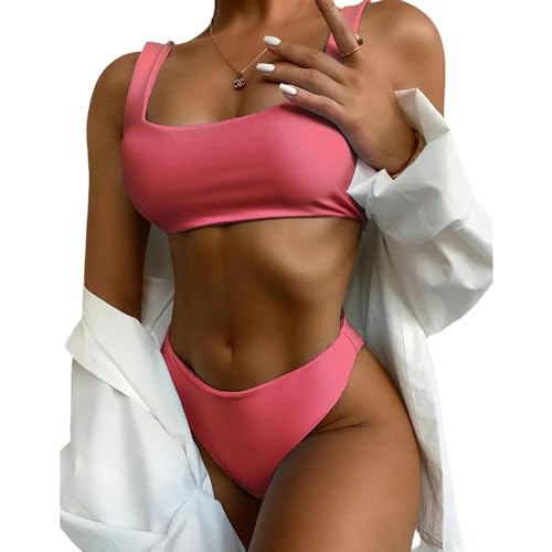 BAYAJIAZ Bikini Mode Frauen Hohe Taille Reine Farbe Push-up Gepolstert Badeanzug Strandkleidung Zweitschnitte Bikini-rot-l von BAYAJIAZ