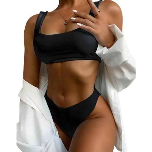 BAYAJIAZ Bikini Mode Frauen Hohe Taille Reine Farbe Push-up Gepolstert Badeanzug Strandkleidung Zweitschnitte Bikini-schwarz-l von BAYAJIAZ