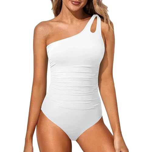 BAYAJIAZ Bikini One Shoulder Damen One Piece Badeanzug Damen Einfarbige Badehose Bikinis-weiß-XL von BAYAJIAZ