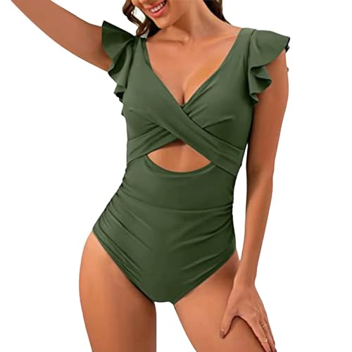 BAYAJIAZ Bikini Spleißen Gekräuselte Rüschen Frauen Badebekleidung Einköpfig Badeanzug Weiblich V-Ausschnitt Mit V-Ausschnitt-grün-XL von BAYAJIAZ