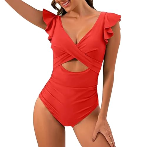 BAYAJIAZ Bikini Spleißen Gekräuselte Rüschen Frauen Badebekleidung Einköpfig Badeanzug Weiblich V-Ausschnitt Mit V-Ausschnitt-rot-l von BAYAJIAZ