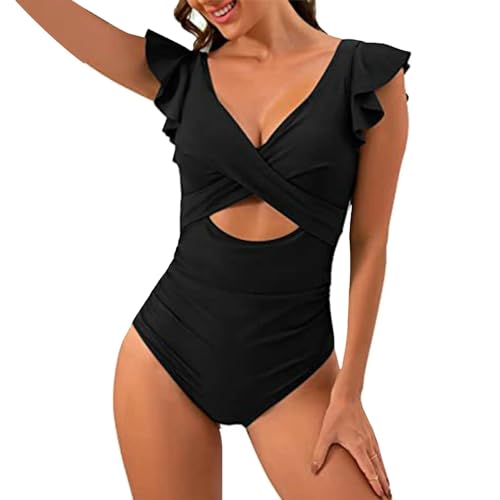 BAYAJIAZ Bikini Spleißen Gekräuselte Rüschen Frauen Badebekleidung Einköpfig Badeanzug Weiblich V-Ausschnitt Mit V-Ausschnitt-schwarz-XL von BAYAJIAZ