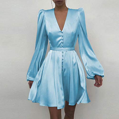 Hübsche Kleid Kleider Dress Damen Frauen Sexy Deep V Neck Party Kleider Solid Slim Button Minikleid Elegante Laterne Ärmel Seide Satin Kleid Vestidos M Lightblue von BAYFDHGHJI