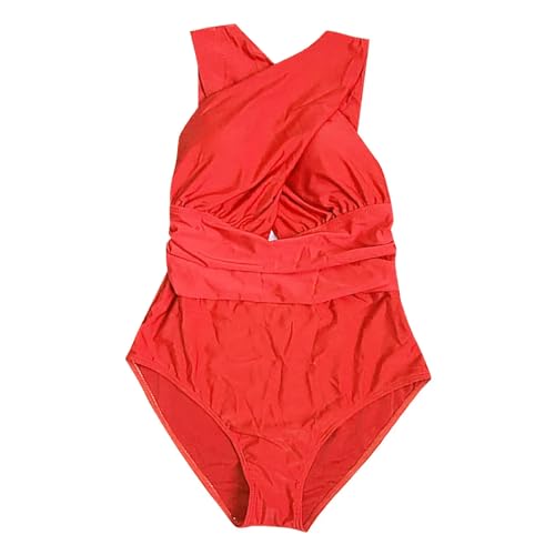 BBAUER Badeanzug Damen Badeanzug Sommer Solid Color Cross Einteiliger Badeanzug Mode Bademode-Rot-XL von BBAUER