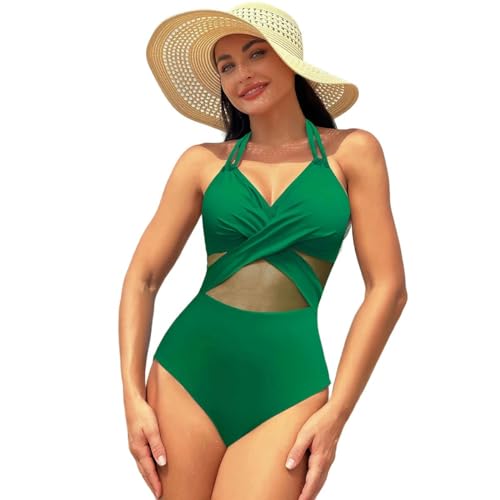 Badeanzug Einteiliger Badeanzug Für Frauen Einfarbiger Mesh Bikini Badeanzug Konservativer Badeanzug Für Mädchen-Grün-M von BBAUER