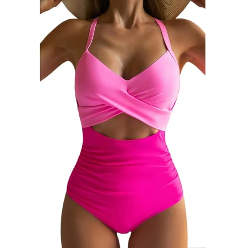 Badeanzug Frauen EIN Stück Badeanzug Bunte Hollow Cross Halhter Hals Bikini Strand Badeanzug-Pink-XL von BBAUER