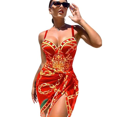Badeanzug Gedruckte Gurte 2 Stück Badeanzug Frauenbänder EIN Stück Badeanzug Bikini Rückenloser Badeanzug-Rot-XL von BBAUER