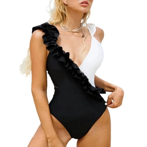 Badeanzug Solid Color Patchwork Badeanzug Frauengurt Push Up One -Stück Bikini Rückenloser Badeanzug-Schwarz-L von BBAUER