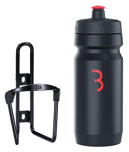 BBB Cycling Wasserflasche und Halter Kombination Universal Fahrrad Flaschenhalter für Rennrad und MTB Leicht Aluminium FuelTank und CompTank BBC-03C Schwarz/Schwarz-Rot, 550 ml von BBB