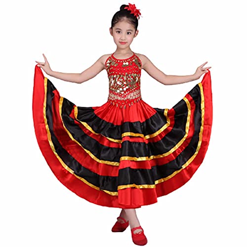 BBOOY Eleganter Ballsaal Latin Dance Rock, Langes Full Satin Solid Maxi Swing Dance Kostüm, Spanischer Flamenco Bauchtanzrock für Kinder Mädchen 8-12 Jahre,Rot,140/150cm von BBOOY