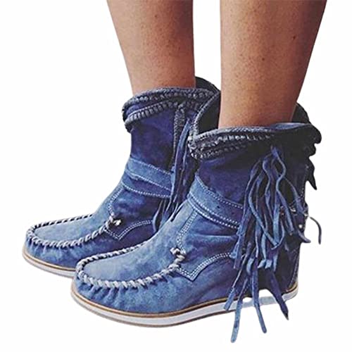 BBOOY Flache Quastenstiefel für Damen, Retro-künstliche Pu-Gürtelschnalle-Stiefel, runde Zehe mit niedrigem Absatz, die Kurze Stiefeletten geht,Blau,39 von BBOOY