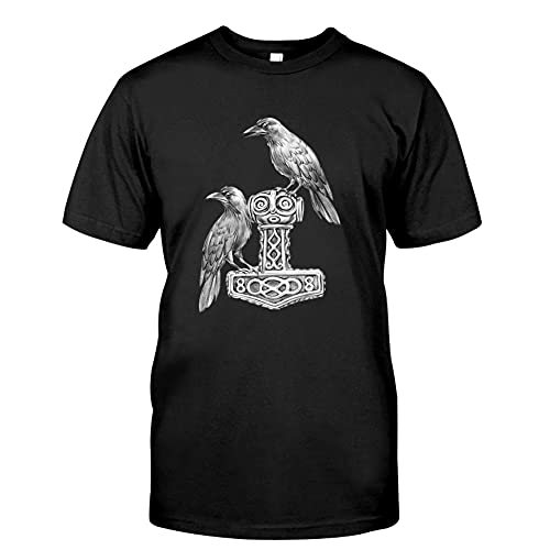 BBYOUTH Wikinger Kurzarm Baumwolle Schwarz Sommer Nordischer Mythos Viking Fanartikel Damen Herren Gedruckt T-Shirt,Mjolnir Raven,XL von BBYOUTH