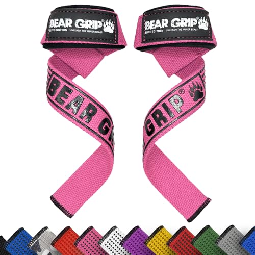 BEAR GRIP Straps - Premium Neopren-gepolsterte, doppelt genähte Heavy-Duty-Gewichthebegurte mit Gel-Griff, 100% Baumwolle, Extra Lange Länge (Pink) von BEAR GRIP