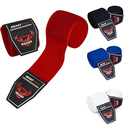 BEAST RAGE Box-Handbandagen,2,5/4,5 Meter, Kampfsport-Bandagen, Innenhandschuhe, Handgelenkstützgurte,Schlagen unter den Handknöcheln,schwere elastische Trainingstasche (Strahlrot, 2.5 M) von BEAST RAGE